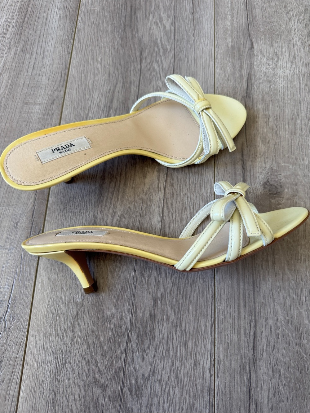 Prada Y2K Butter Yellow Patent Leather Bow Kitten Heel Sandals 37.5 Coquette - Picture 9 of 10